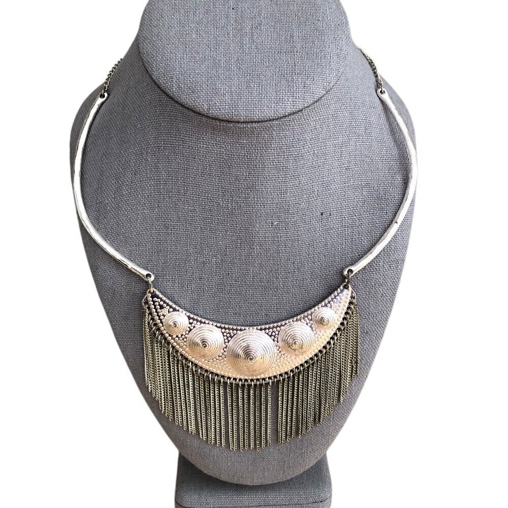 Charming Charlie Silver Choker Medallion with Fringe Necklace